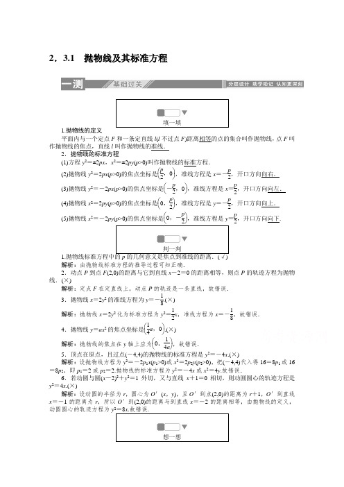人教A版高中数学选修1-1：2.3.1抛物线及其标准方程 同步课时练习