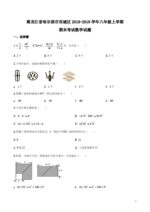 精品解析：【区级联考】黑龙江省哈尔滨市双城区2018-2019学年八年级上学期期末考试数学试题(原卷版)