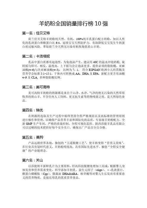 羊奶粉全国销量排行榜10强