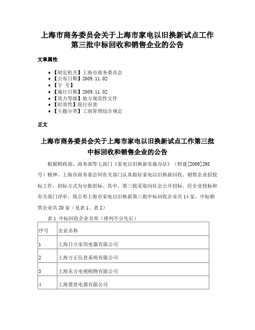 上海市商务委员会关于上海市家电以旧换新试点工作第三批中标回收和销售企业的公告