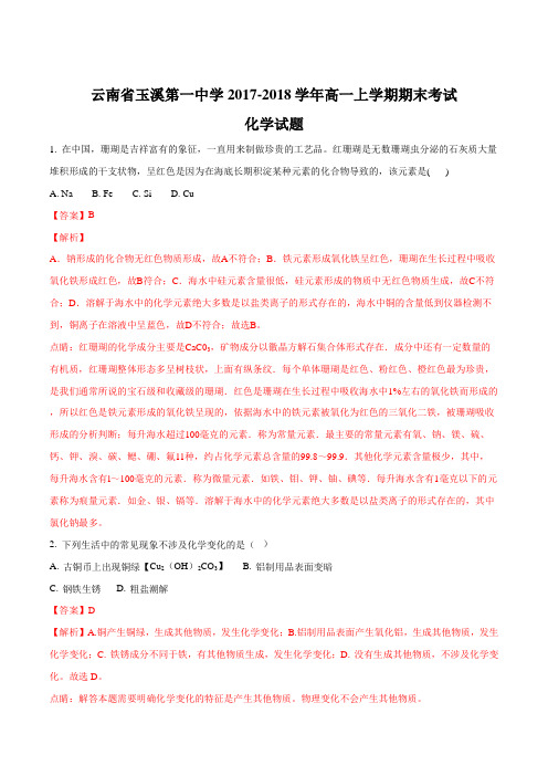 2017-2018学年云南省玉溪第一中学高一上学期期末考试化学试题(解析版)