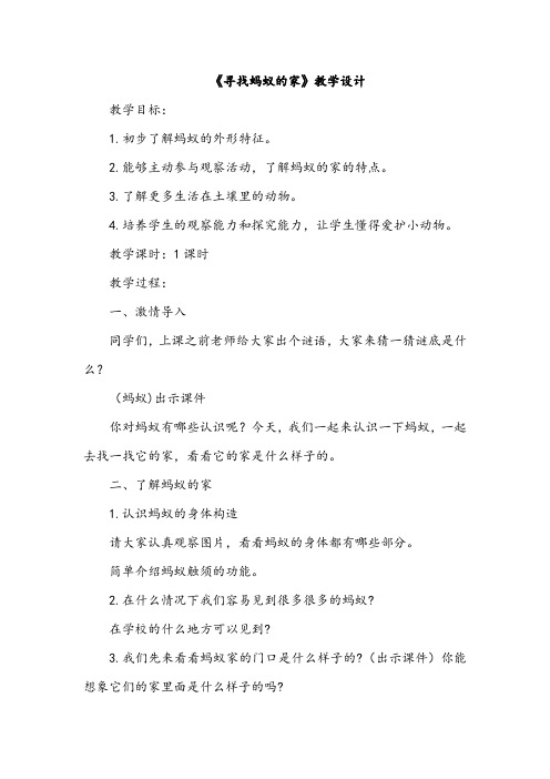 冀人版小学科学二年级下册7《寻找蚂蚁的家》教案