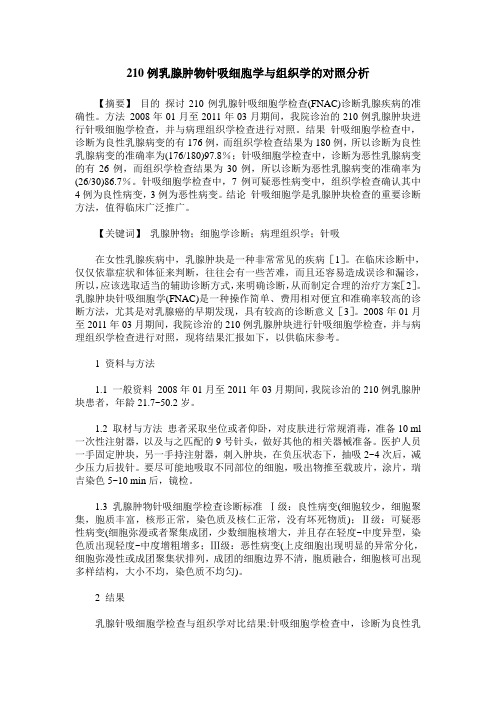210例乳腺肿物针吸细胞学与组织学的对照分析