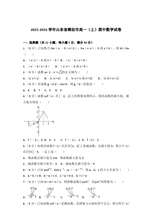 2015-2016年山东省潍坊市高一(上)期中数学试卷及参考答案