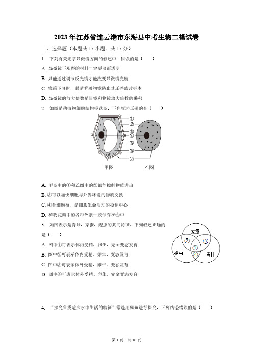 2023年江苏省连云港市东海县中考生物二模试卷(含解析)