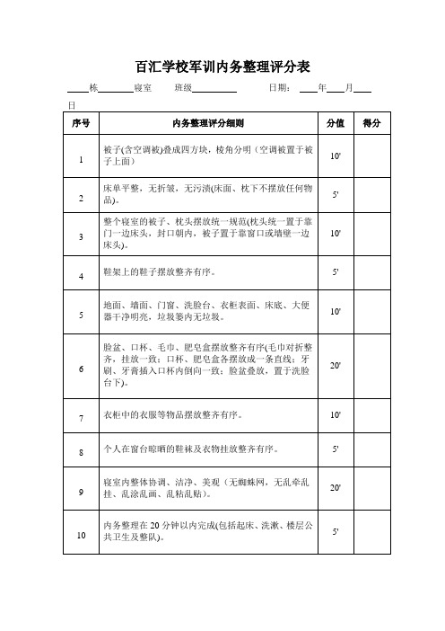 百汇学校军训内务整理评分表