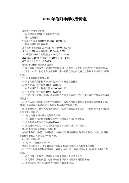 2018年信阳律师收费标准