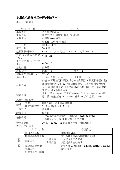 高层住宅造价指标分析(带地下室)
