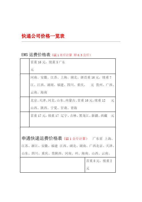 快递公司价格一览表格模板