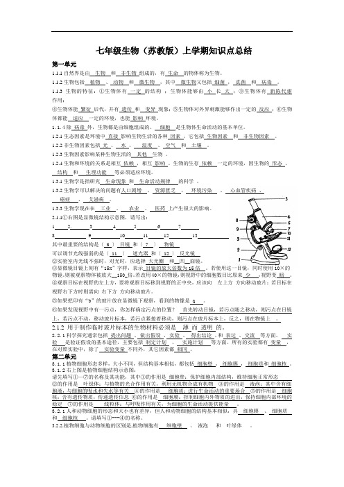 七年级上册生物(苏教版)上学期知识点总结