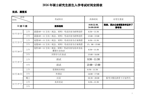 2016年硕士研究生招生入学考试时间安排表