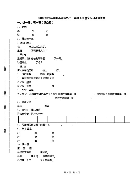 2018-2019年毕节市毕节九小一年级下册语文练习题含答案
