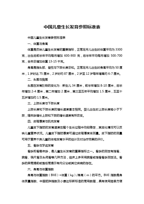 中国儿童生长发育参照标准表