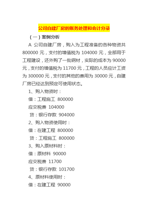 公司自建厂房的账务处理和会计分录