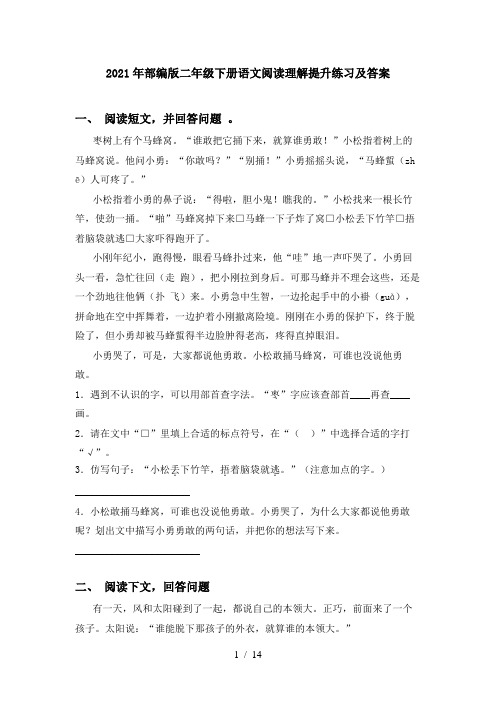 2021年部编版二年级下册语文阅读理解提升练习及答案