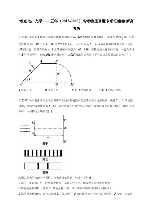 考点七：光学——五年(2018-2022)高考物理真题专项汇编卷 新高考版