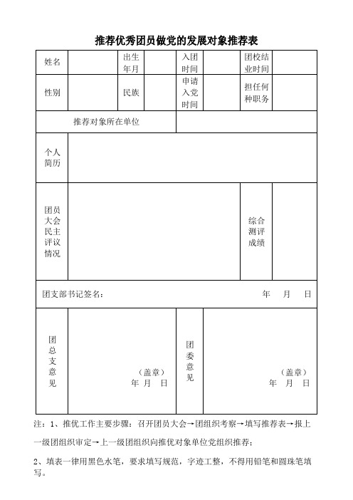 推荐优秀团员做党的发展对象推荐表