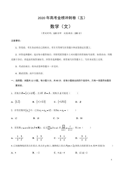 2020年高考数学(文)金榜冲刺卷(五)(含答案解析)