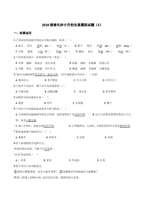 【人教课标版】六年级下册语文试题-2019湖南长沙小升初全真模拟试题(4)含答案