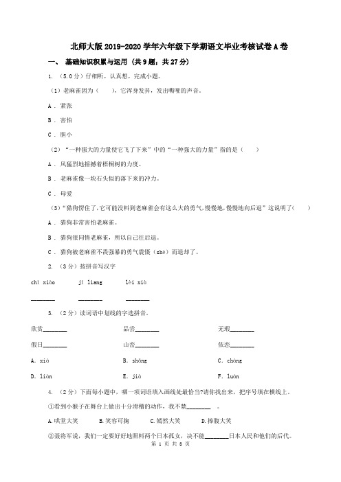 北师大版2019-2020学年六年级下学期语文毕业考核试卷A卷