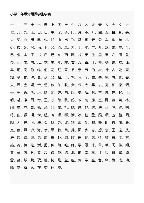 小学一至六年级常用汉字生字表