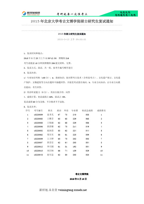 2015年北京大学考古文博学院硕士研究生复试通知-新祥旭考研辅导-新祥旭考研辅导