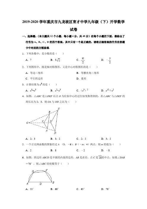 2019-2020学年重庆市九龙坡区育才中学九年级(下)开学数学试卷  解析版