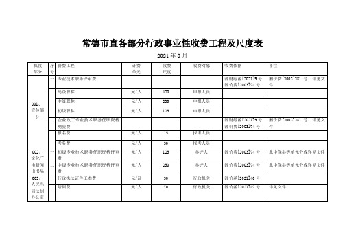 常德市直各部门行政事业性收费项目及标准表