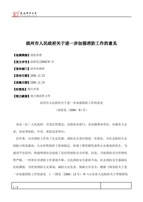 滨州市人民政府关于进一步加强消防工作的意见