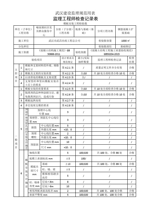 监理工程师检查记录表模板安装GB50204-2015新