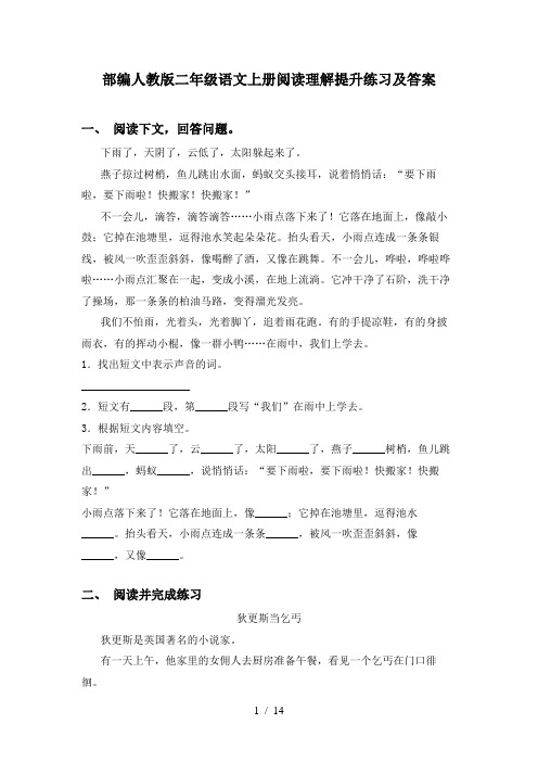部编人教版二年级语文上册阅读理解提升练习及答案