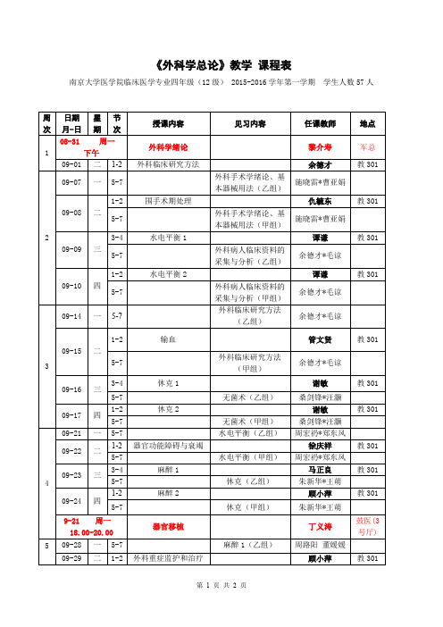 《外科学总论及外科学》教学课程表