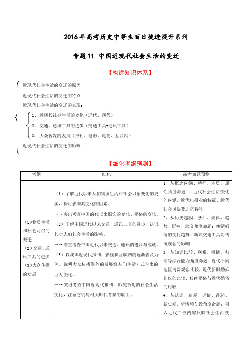 专题11 中国近现代社会生活的变迁-2016年高考历史备考中等生百日捷进提升系列(原卷版)