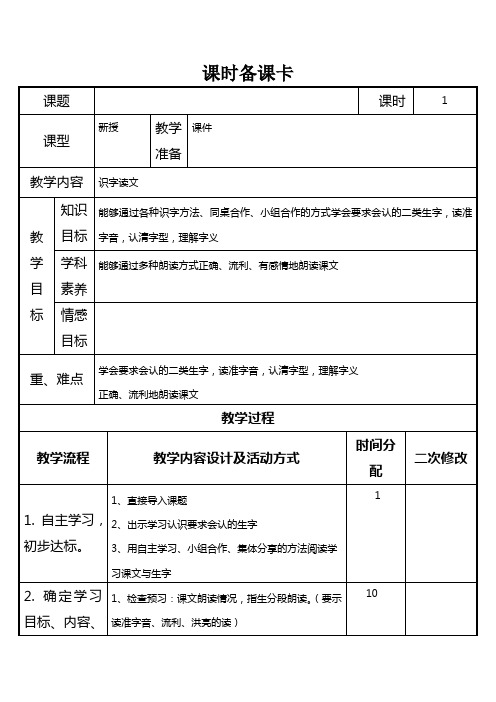 小学教师课时备课卡表格备课模板