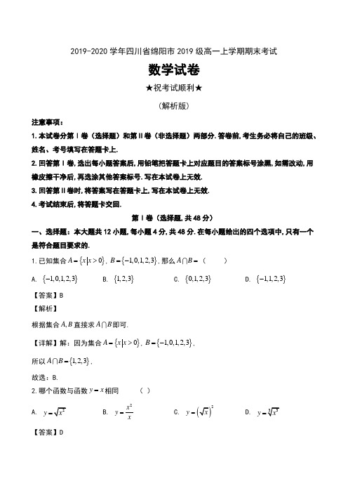 2019-2020学年四川省绵阳市2019级高一上学期期末考试数学试卷及解析