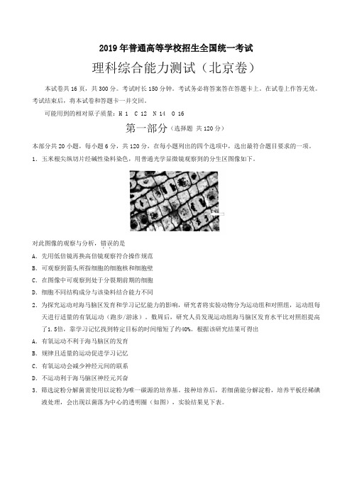 2019北京卷理科综合高考真题