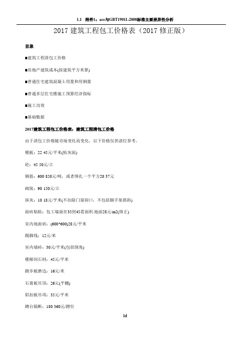 2017建筑工程包工价格表