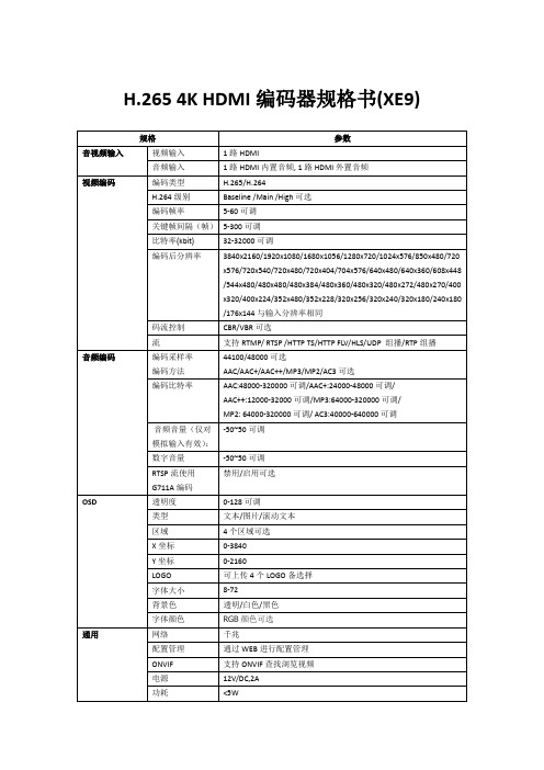 R128编码器H.265 4K HDMI编码器规格书(XE9)