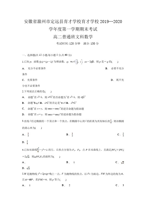 2019-2020学年安徽省滁州市定远县育才学校高二(普通班)上学期期末考试数学(文)试题 含答案