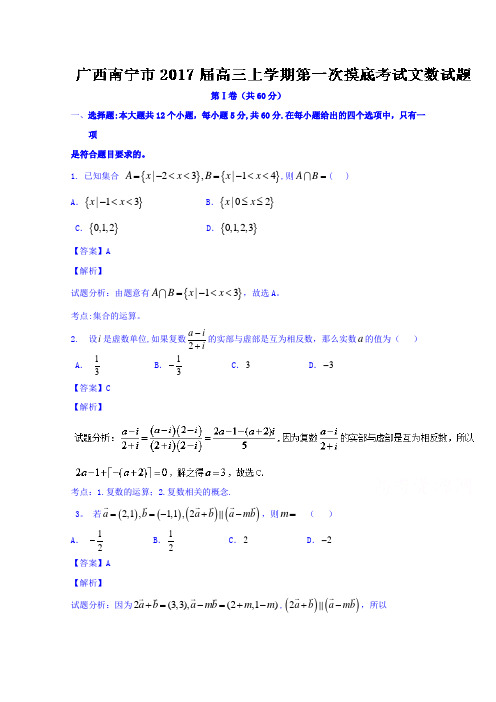 广西南宁市2017届高三上学期第一次摸底考试文数试题 含解析