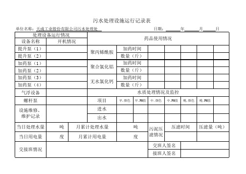 污水处理站运行记录表