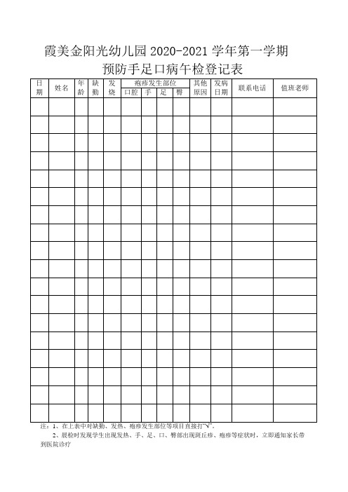 幼儿园预防手足口病午检登记表