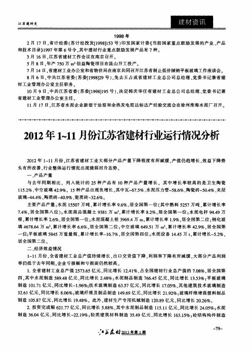 2012年1～11月份江苏省建材行业运行情况分析