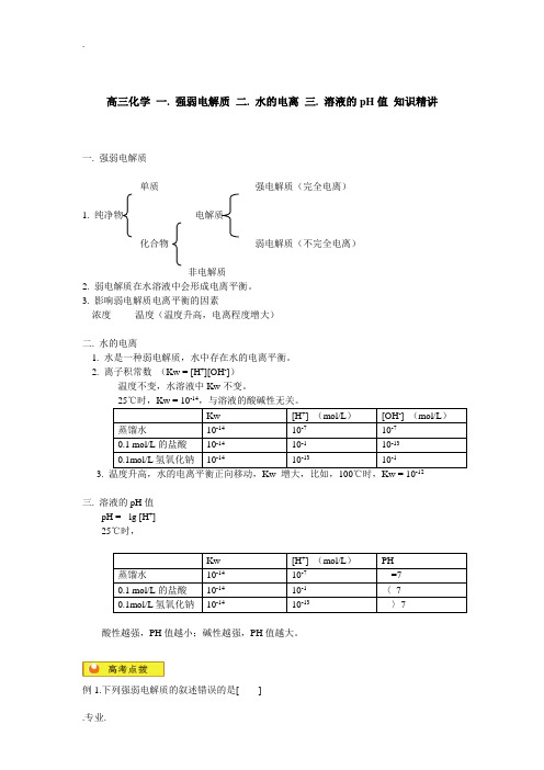 高三化学 一. 强弱电解质 二. 水的电离 三. 溶液的pH值 知识精讲