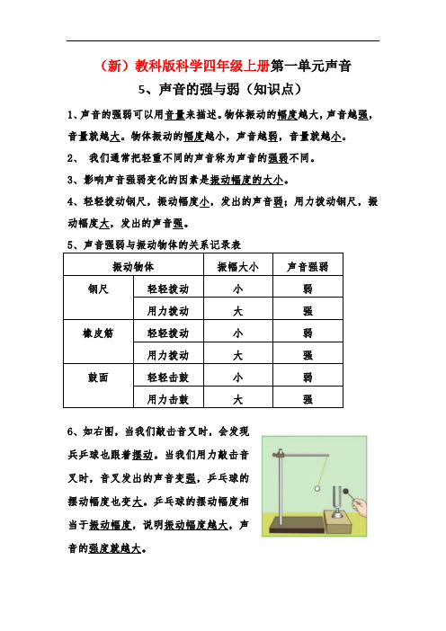 (新)教科版科学四年级上册1、5声音的强与弱(知识点)