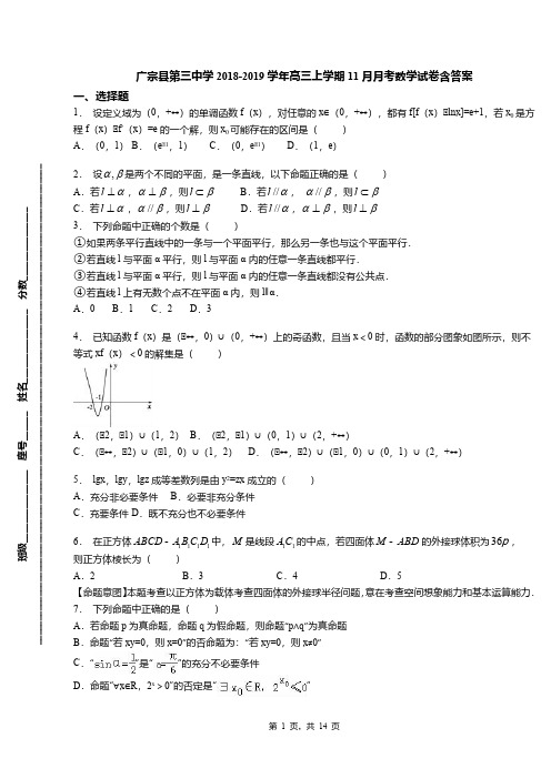 广宗县第三中学2018-2019学年高三上学期11月月考数学试卷含答案