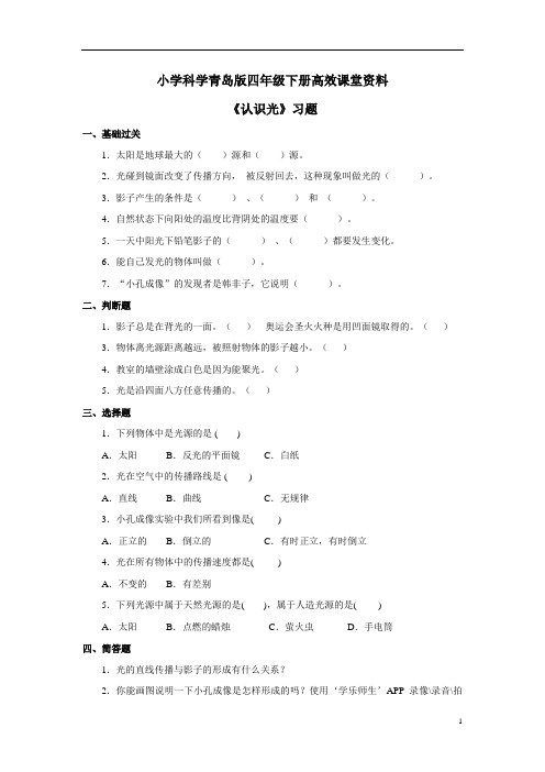 小学科学青岛版四年级下册高效课堂资料《认识光》习题