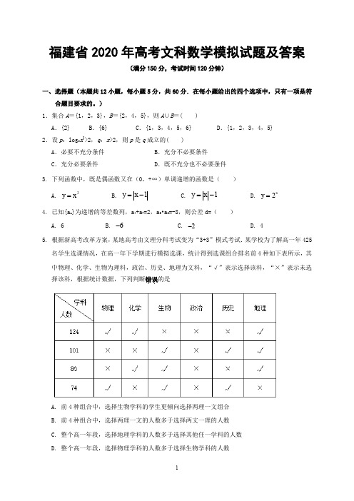 福建省2020年高考文科数学模拟试题及答案