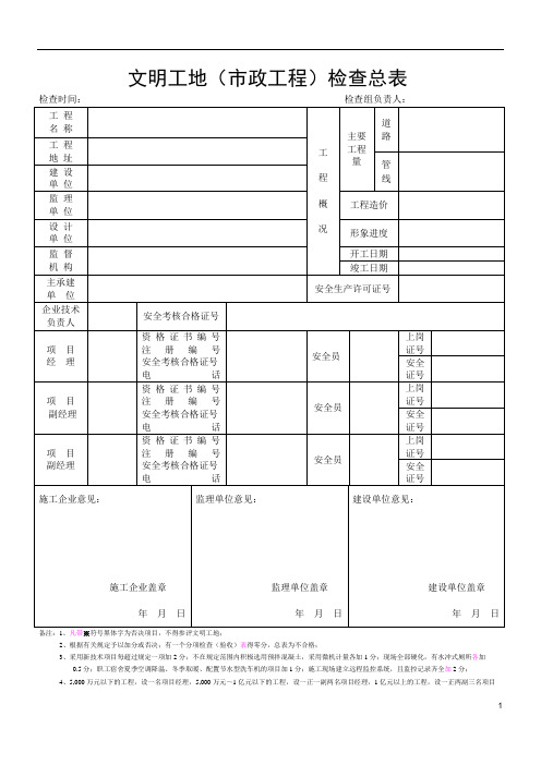最新文明工地(市政工程)验收检查评审总表
