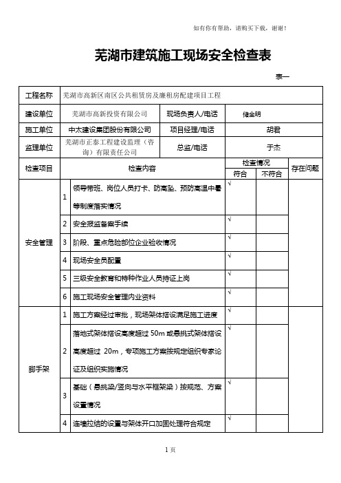 芜湖市建筑施工现场安全检查表